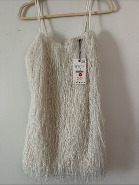 Zara Feather Ivory Spaghetti Strap Mini Dress